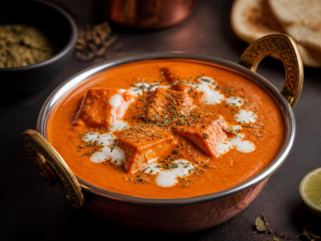 Paneer Butter Masala — Soft paneer in a mildly sweet, slow-simmered makhani gravy.