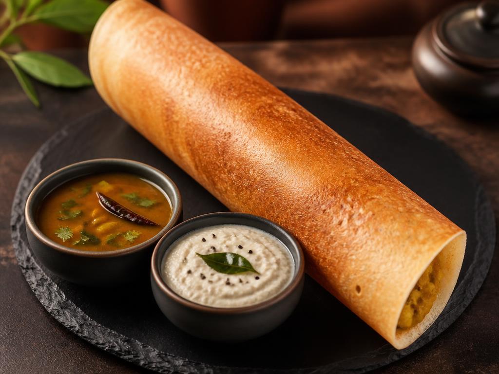 South Indian Thali — Sambar, rasam, two poriyals, curd, rice, appalam, payasam and a mini dosa.