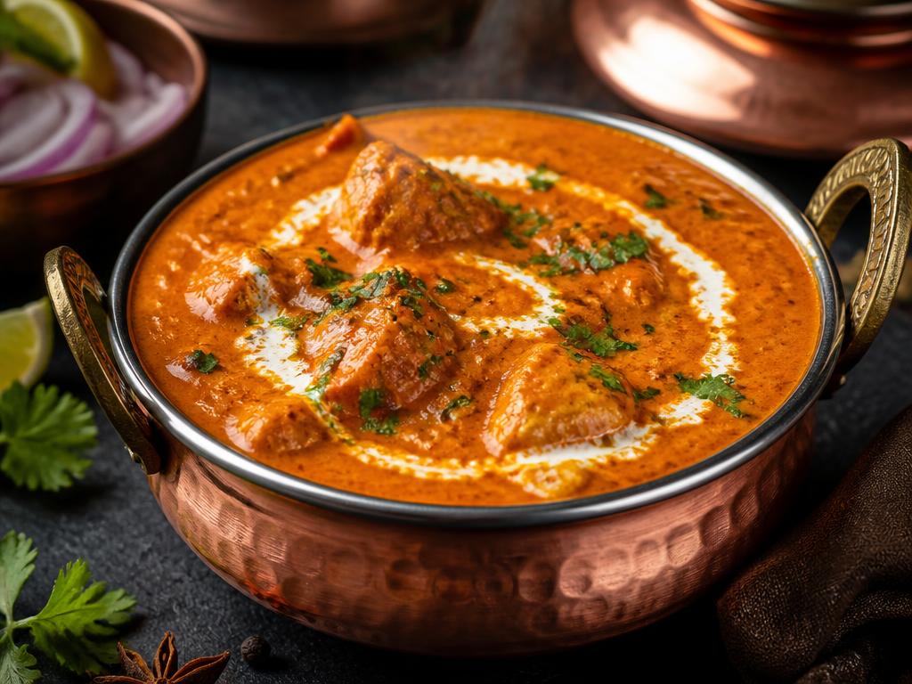 Butter chicken simmering in a copper handi with cream and coriander