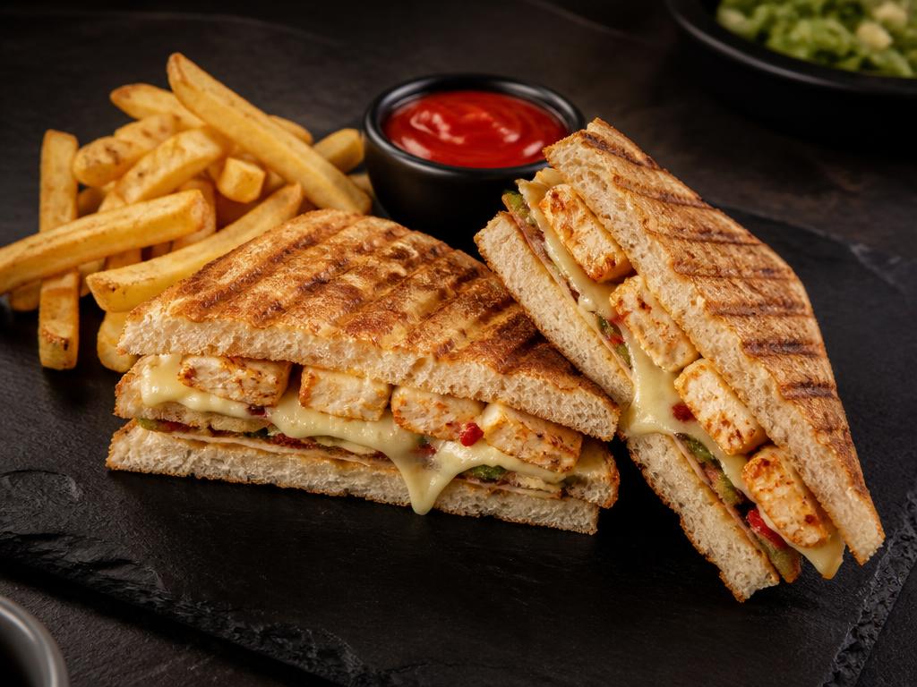 Grilled Veg Sandwich — Triple-layer grilled sandwich with cheese, veg and chutney.
