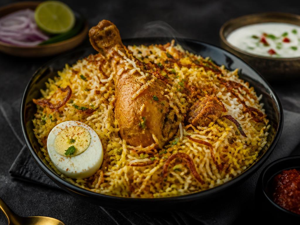 Hyderabadi Chicken Biryani — Dum-cooked long-grain rice, marinated chicken, saffron and fried onion.