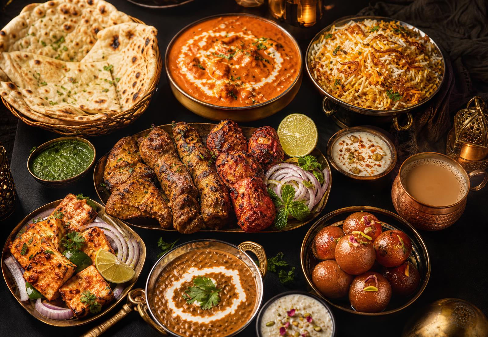 Premium Indian restaurant spread with butter chicken, biryani, tandoori kebabs, naan and brass serveware on a dark table