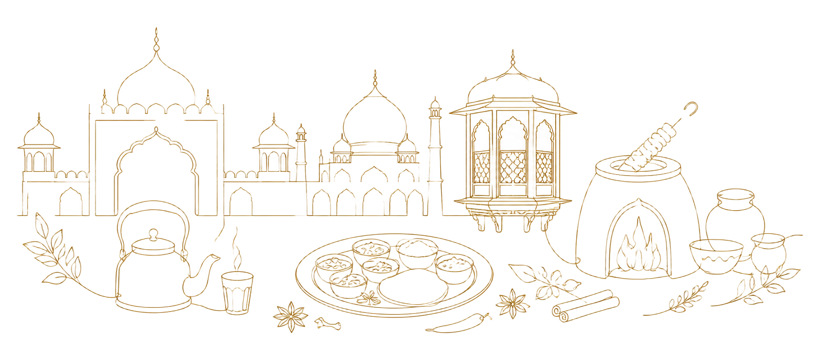 Line illustration of Indian arches, tandoor, chai kettle, thali and spices