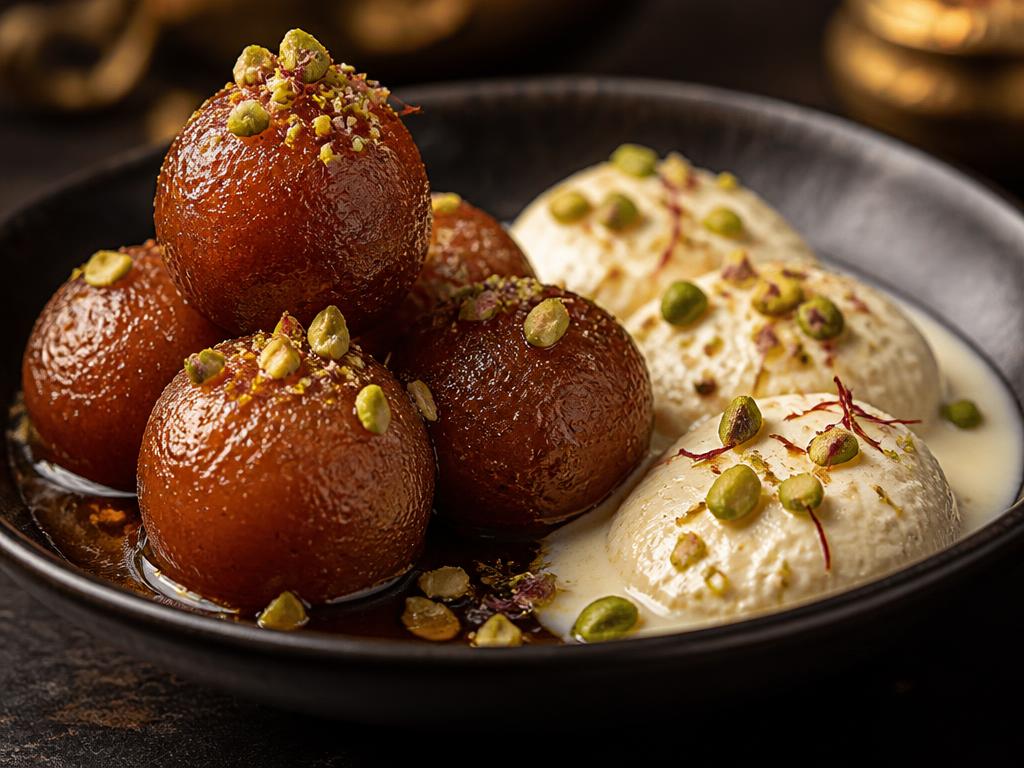 Gulab Jamun — Warm khoya dumplings soaked in cardamom syrup.