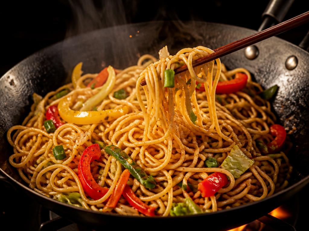 Veg Hakka Noodles — Wok-tossed noodles with julienned vegetables and soy.