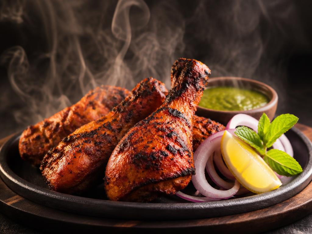 Tandoori Feast Thali — Tandoori chicken, seekh kebab, paneer tikka, mint chutney, naan, salad and a sweet.
