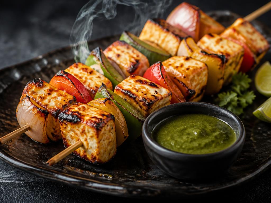 Paneer Tikka — Char-grilled cottage cheese in a smoky yoghurt-ajwain marinade.