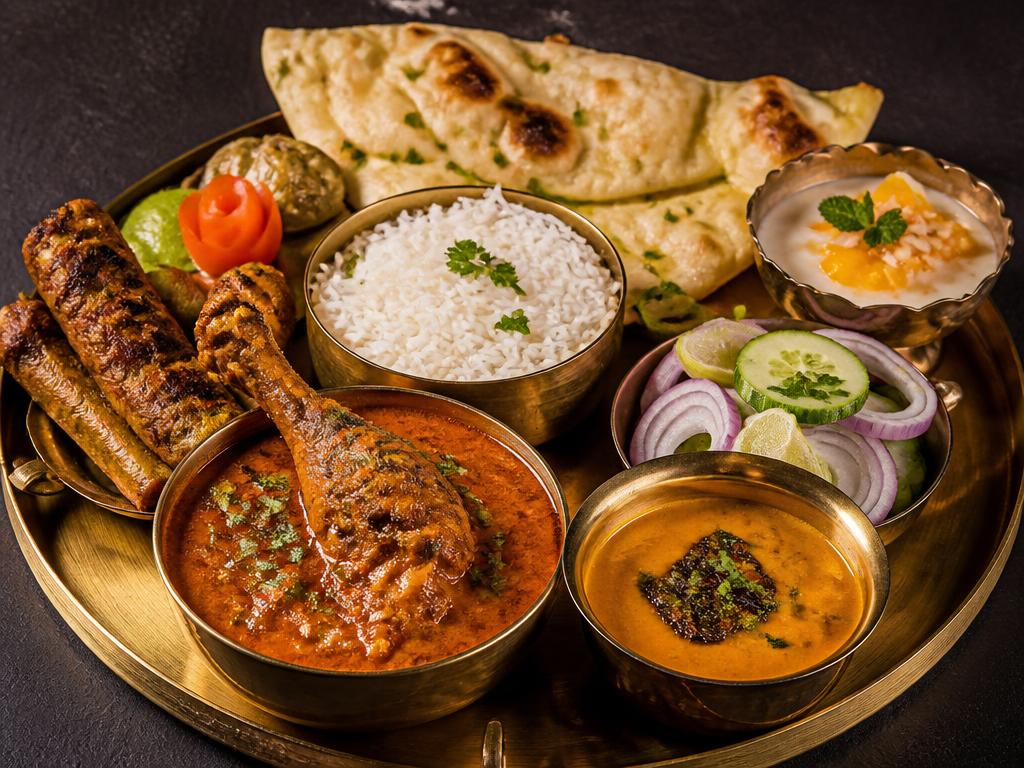 Chicken Special Thali — Butter chicken, dal makhani, jeera rice, butter naan, salad, papad and a dessert of the day.