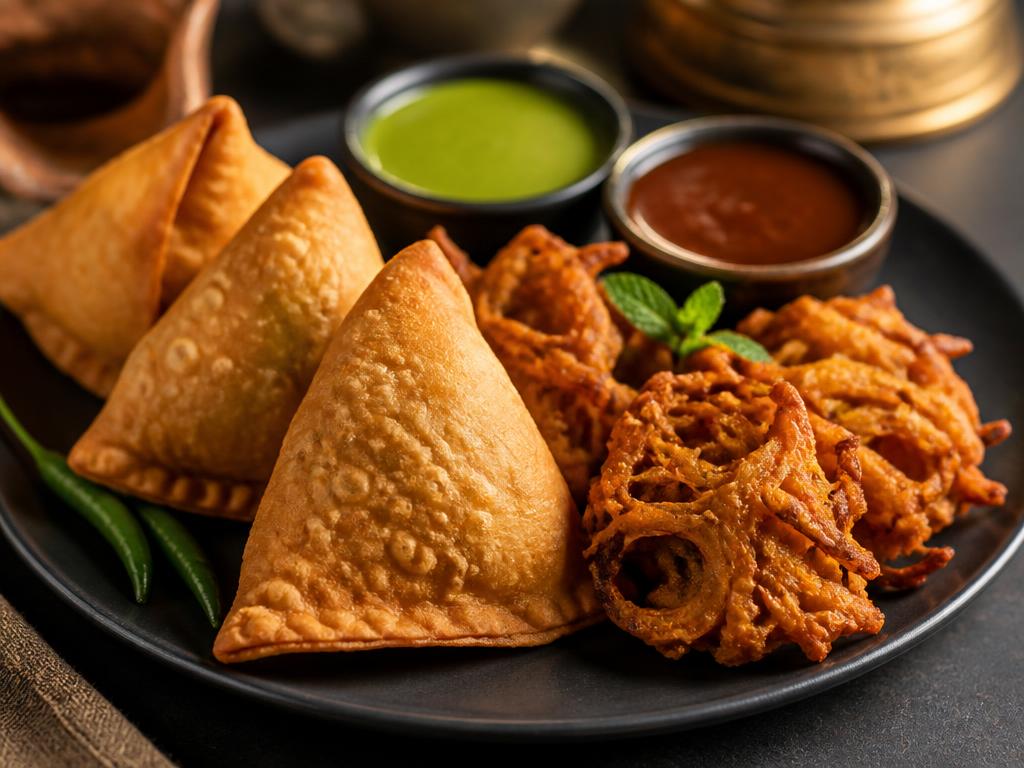 Punjabi Samosa — Flaky pastry stuffed with spiced potato and peas, with tamarind chutney.