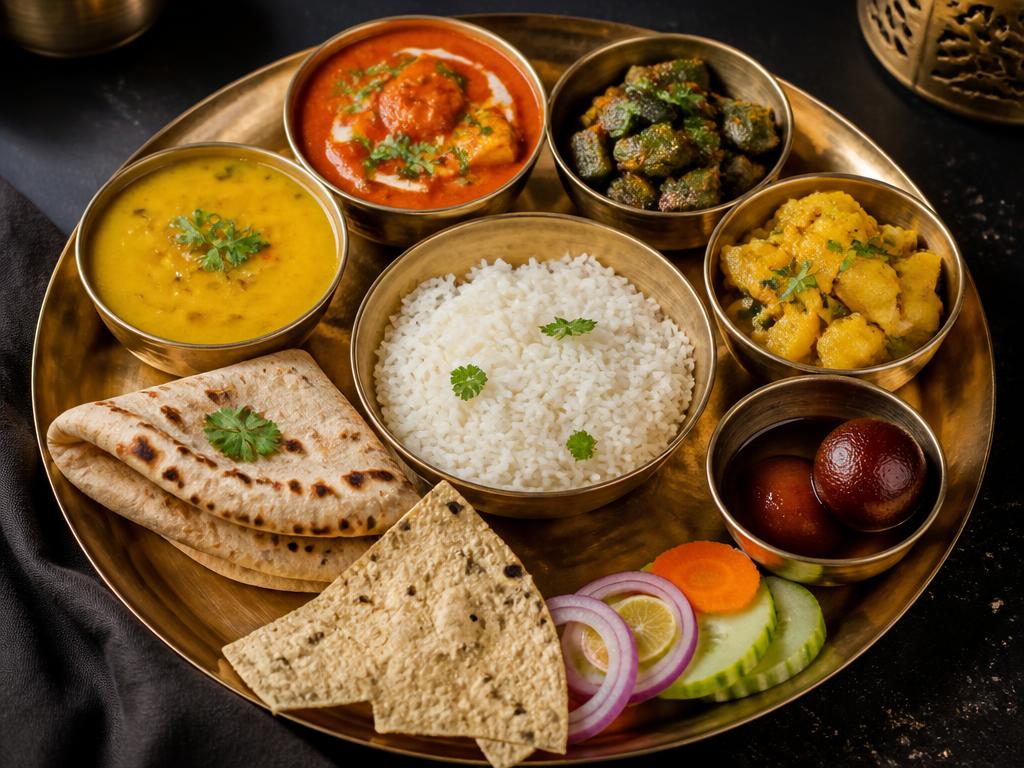 Royal Veg Thali — Paneer curry, dal tadka, seasonal sabzi, jeera rice, two breads, salad, papad and gulab jamun.