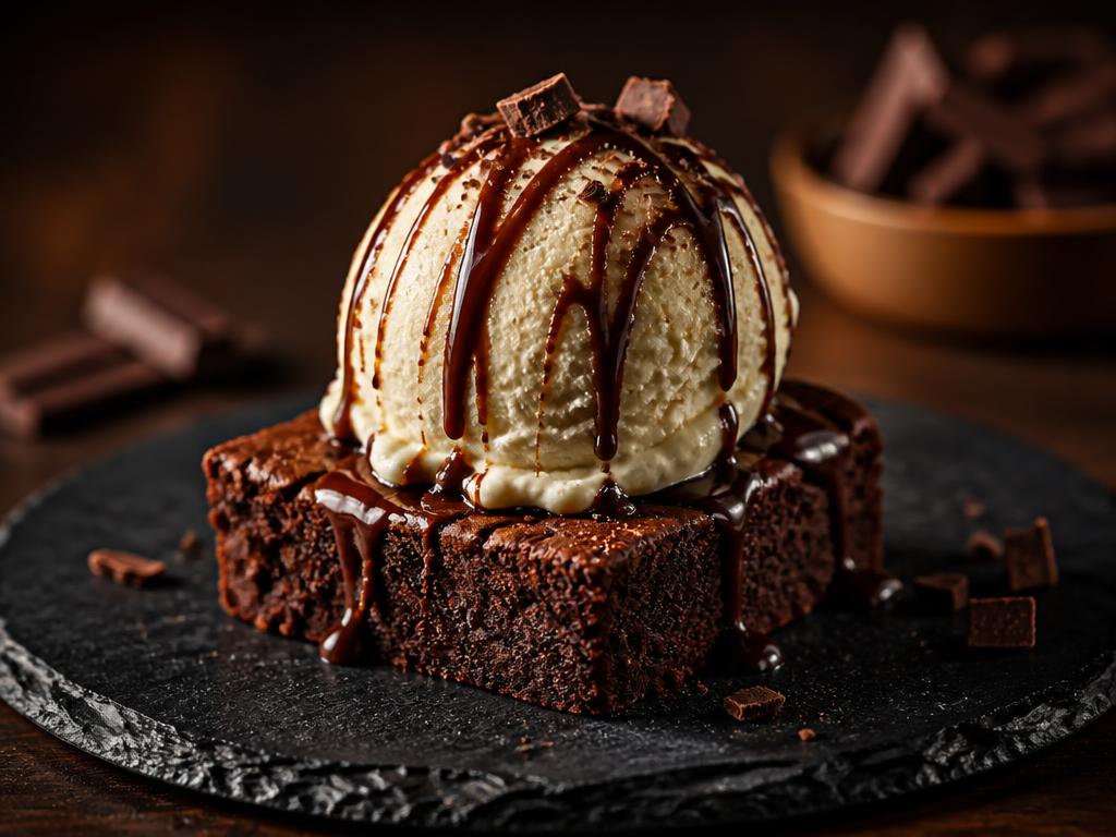 Hot Chocolate Brownie — Fudge brownie with vanilla ice cream and chocolate sauce.