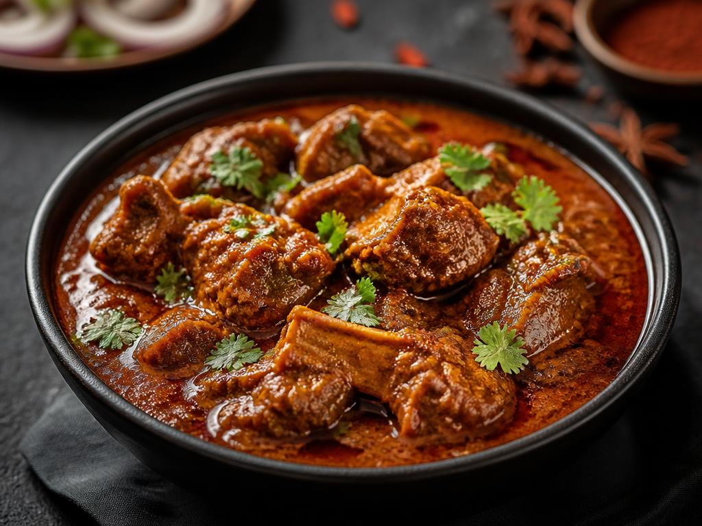 Mutton Shahi Thali — Slow-cooked mutton rogan josh, dal, pulao, tandoori roti, salad, papad and phirni.