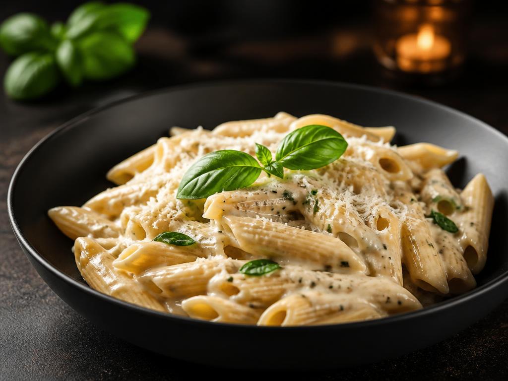Penne Alfredo — Creamy white sauce pasta with herbs and parmesan.