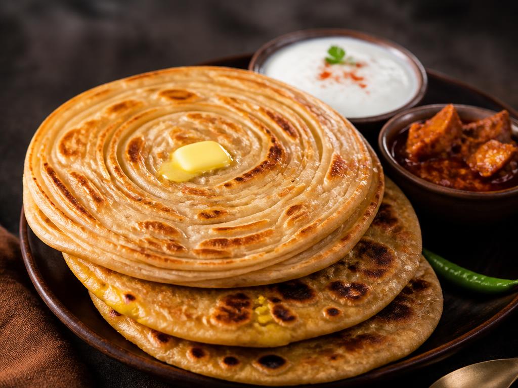 Laccha Paratha — Flaky, many-layered whole wheat paratha.