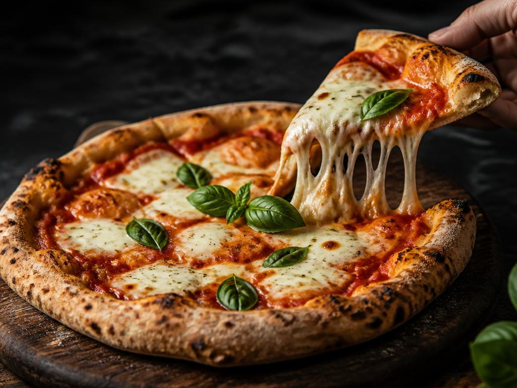 Margherita Pizza — San Marzano-style sauce, mozzarella and basil on a thin crust.