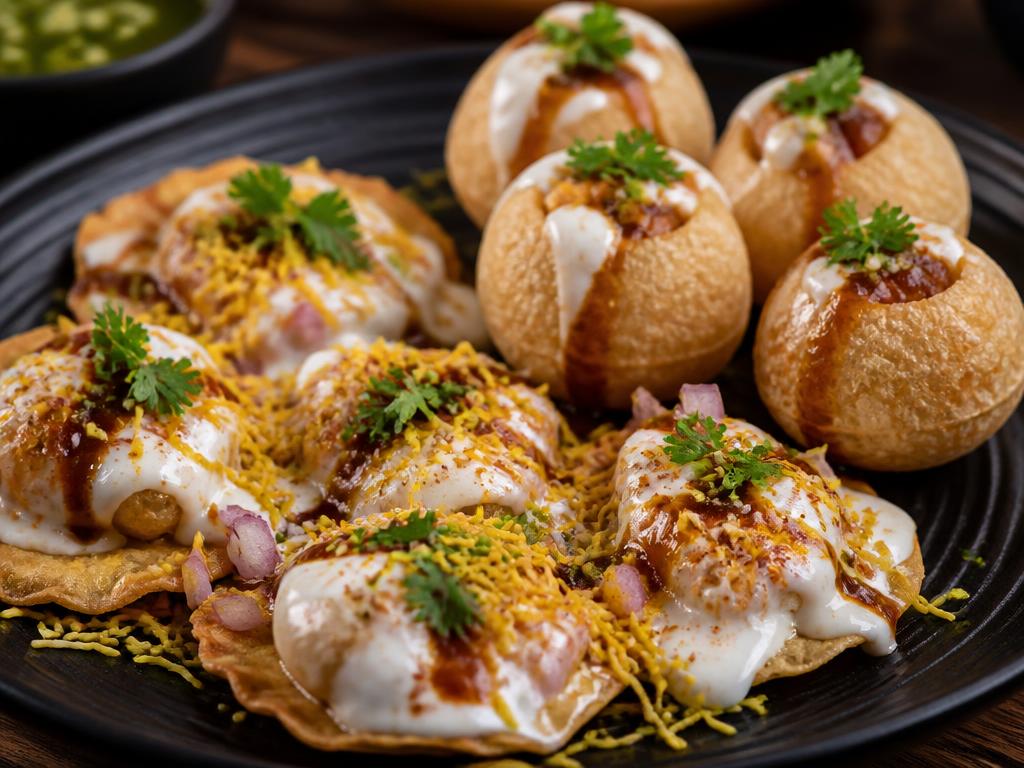 Papdi Chaat — Crisp papdi, yoghurt, chutneys, sev and pomegranate — sweet, tangy, cooling.
