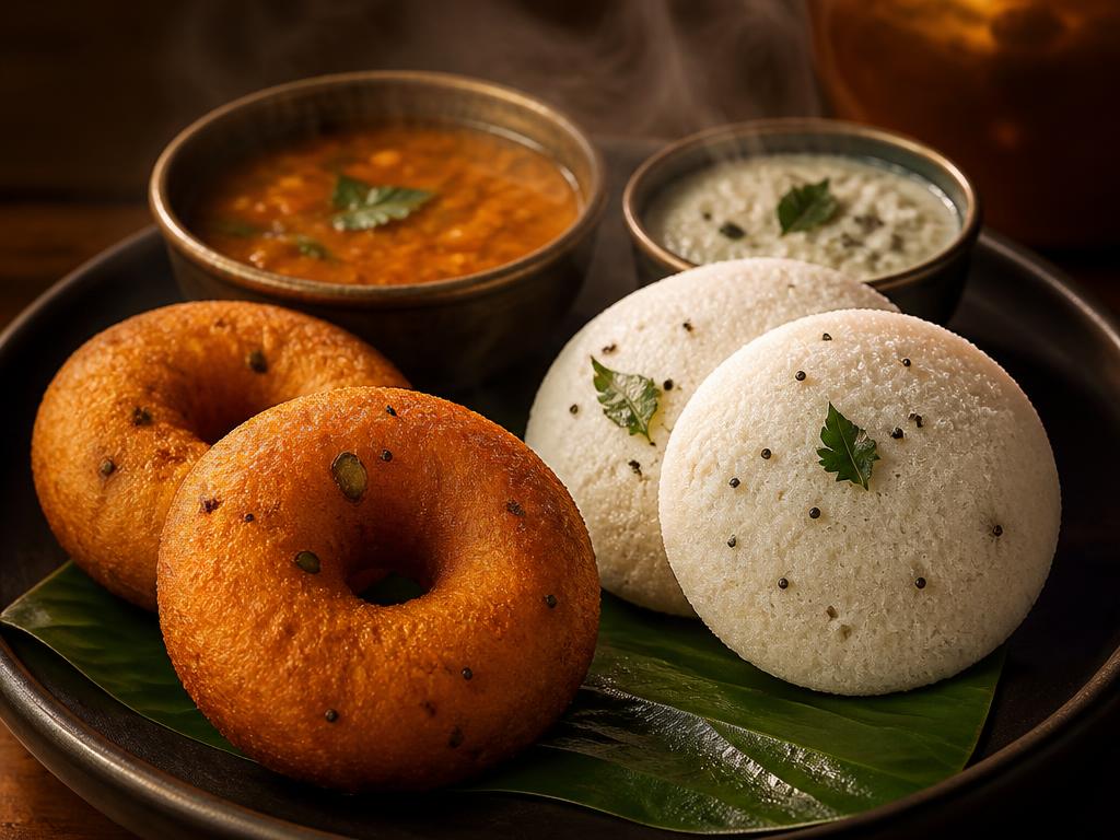 Idli Sambar — Steamed rice cakes with hot sambar and two chutneys.